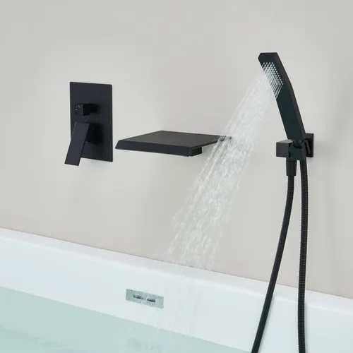 Miniatura 6 de Wowkk Llenador de bañera de montaje en pared, grifo de bañera en cascada, grifo de baño negro de latón con una sola manija con ducha de mano