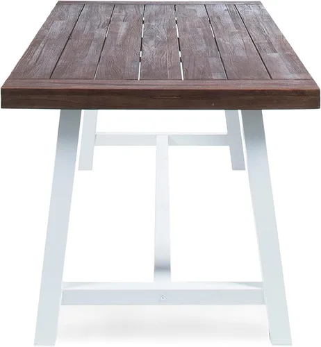 Miniatura 8 de Mesa de comedor de madera de chorro de arena marrón oscuro al aire libre con metal rústico blanco e