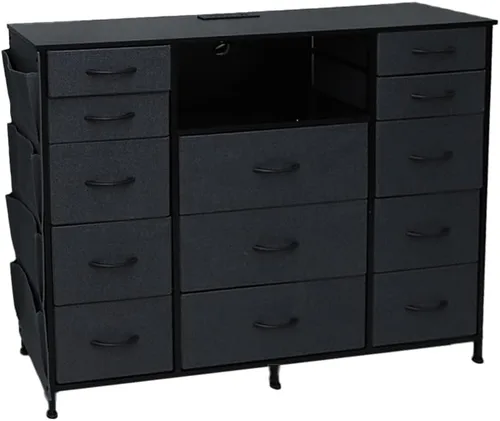Miniatura 10 de HCHQHS Cómoda de 47 pulgadas para dormitorio con 13 cajones, bolsillos laterales, ganchos y luces con control remoto, pasillo, armario, cocina, Negro