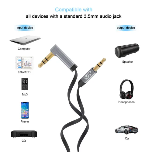 Miniatura 7 de CableCreation Cable auxiliar, 6 pies/5.9 ft plano de 0.138 in, cable estéreo auxiliar de 90 grados en ángulo recto compatible con automóvil, estéreo