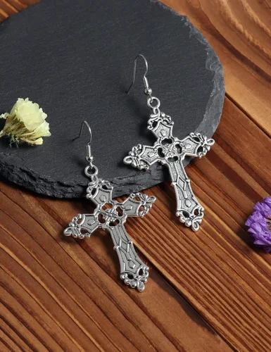 Miniatura 2 de Aretes de cruz gótica para mujer, aretes góticos negros, aretes góticos, aretes punk vintage, aretes colgantes de cruz de plata, joyería gótica