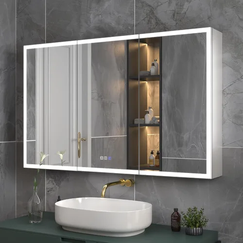 Miniatura 18 de ExBrite Botiquín iluminado de 28 x 32 pulgadas, armario con espejo LED empotrado/superficie con reloj y pantalla de temperatura, desempañamiento