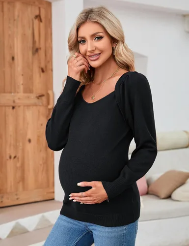 Miniatura 4 de KOJOOIN Tops de maternidad para mujer, suéteres casuales con cuello en V, manga larga abombada, punto acanalado, para otoño, embarazo, babydoll