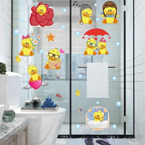 Miniatura 6 de Calcomanías de pared de lindo pato amarillo para despegar y pegar, juego de calcomanías de pared de pequeño pato amarillo y burbujas, calcomanías