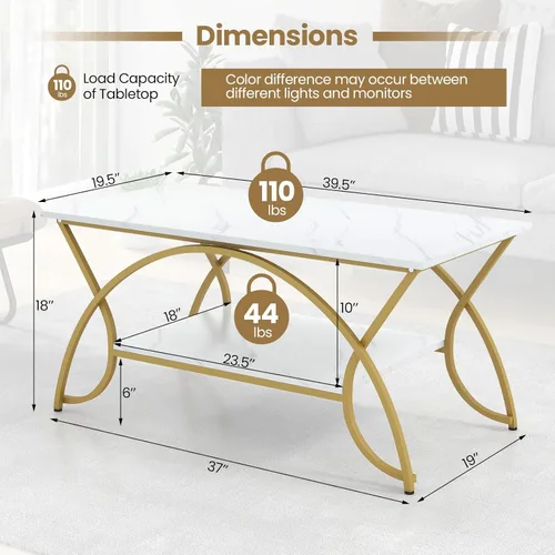 Miniatura 3 de COSTWAY Mesa auxiliar de mármol, mesa de centro moderna de mármol sintético de 2 niveles con almacenamiento y marco de metal acabado dorado, blanco