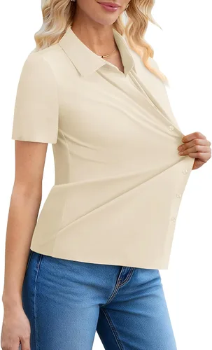 Miniatura 2 de Gleeivy Camisas con botones para mujer, ajustadas, de manga corta, elásticas, para el trabajo, sin arrugas, blusas de oficina