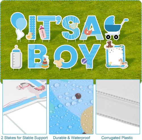 Miniatura 3 de Elcoho 11 carteles azules con estacas con texto en inglés "IT'S A Boy", incluye letras, globo, biberón, letrero para chupete de bebé para decoración