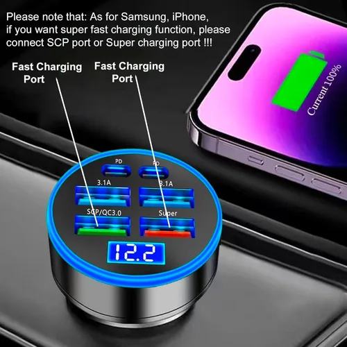 Miniatura 10 de Adaptador De Carga Súper Rápida USB C Para Coche Y Teléfono 6 En 1 Con Pantalla De Voltaje 250W Carga USB De Encendedor De Cigarrillos De Múltiples