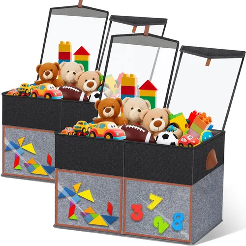 Paquete de 2 cajas grandes de almacenamiento de juguetes con tapas transparentes, organizador de juguetes plegable con divisores ajustables, cesta