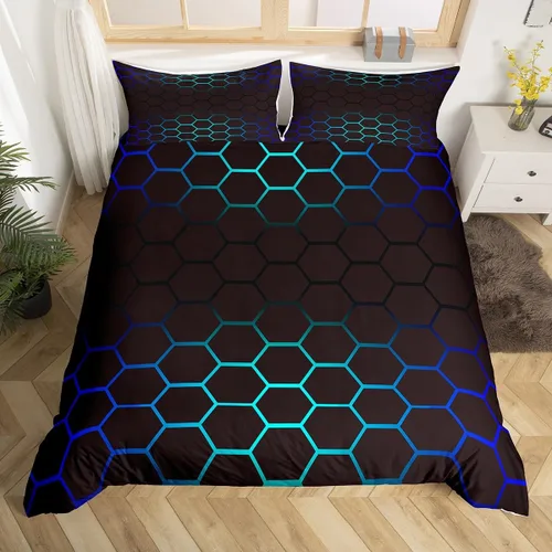 Miniatura 16 de Funda de edredón hexagonal verde estereoscópica de nido de abeja para niños, diseño geométrico de colmena, funda de edredón geométrica de panal