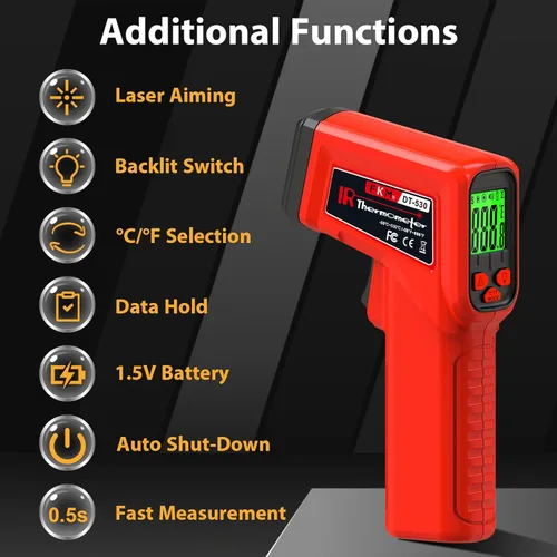 Miniatura 9 de FKM, pistola con termómetro láser, infrarroja, sin contacto, pistola de temperatura, -58 °F ~ 986 °F (-50 °C ~ 530 °C), emissividad ajustable