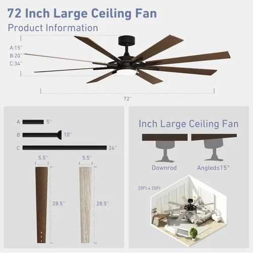 Miniatura 7 de Ventilador de techo inteligente de 72 pulgadas con luz y control remoto, ventilador de techo de nogal con motor de CC reversible silencioso, control