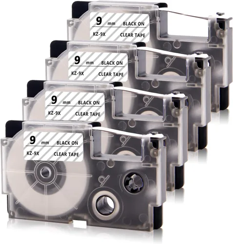 Absonic Paquete de 4 cintas de etiquetas transparentes compatibles con Casio XR-9X XR-9X2S XR9X XR9X2S de 0.354 in, 0.35 pulgadas, color negro sobre