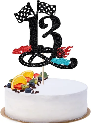 Miniatura 6 de Decoración para tartas de cumpleaños número 13, decoración para tartas de trece años con purpurina rápida, bandera a cuadros, pista de carreras