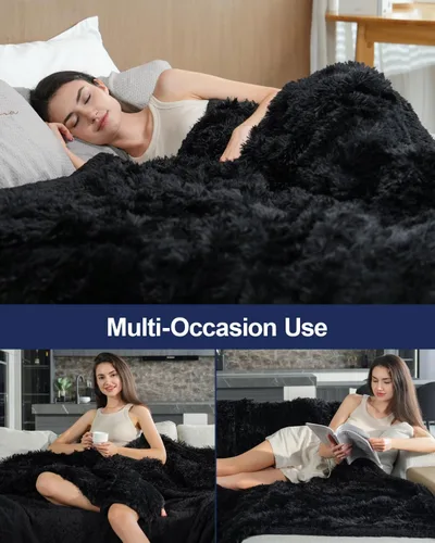 Miniatura 5 de Pawque Manta de piel sintética de 50 x 60 pulgadas, manta suave y esponjosa, cálida y gruesa, de pelo largo, reversible, ligera, acogedora para Negro