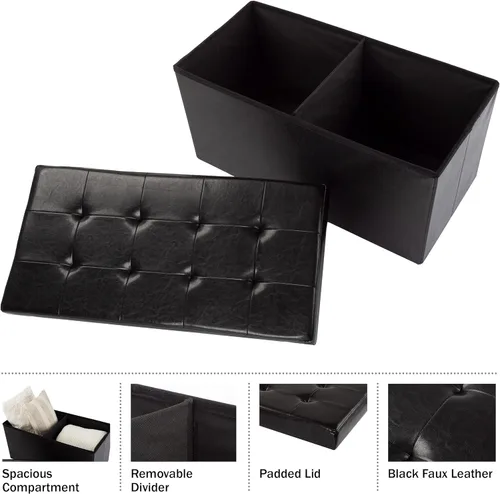 Miniatura 3 de Ottoman Negro piel sintética – Banco de almacenamiento, genial como un asiento doble o un apoya pies, mesa de centro, organizador de juguetes