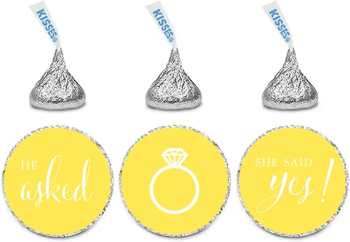 Andaz Press Etiquetas adhesivas con forma de gota de chocolate, para boda, con el texto en inglés «He Asked She Said Yes!», color amarillo, paquete
