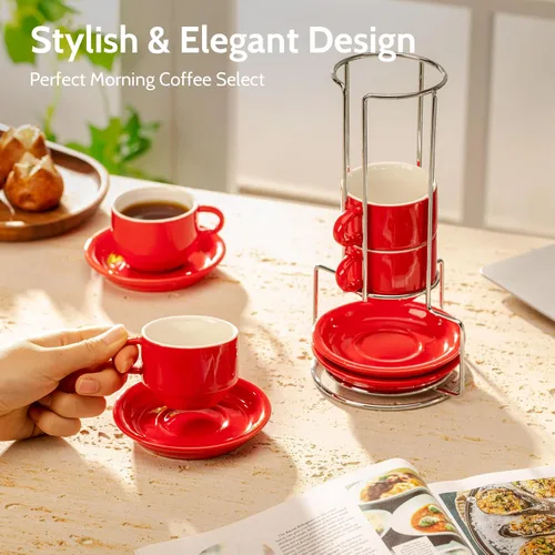 Miniatura 3 de SWEESE - Tazas de porcelana apilables, de 8 onzas, con platillos y soporte de metal, para bebidas especializadas del café, capuchino, latte, Rojo