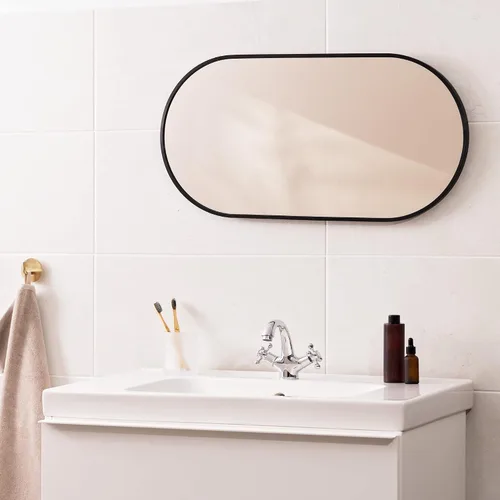Miniatura 3 de Navaris Espejo de pared ovalado, 29.5 x 15 pulgadas, espejo colgante de pared con marco de aluminio negro inoxidable - Espejo para baño, pasillo