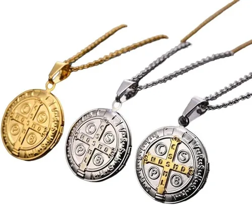 Medalla de San Benito Medalla de Acero Inoxidable Collar para Mujeres Hombres Metal St Benito Cross Medallet Collares de fotos Gargantilla de San