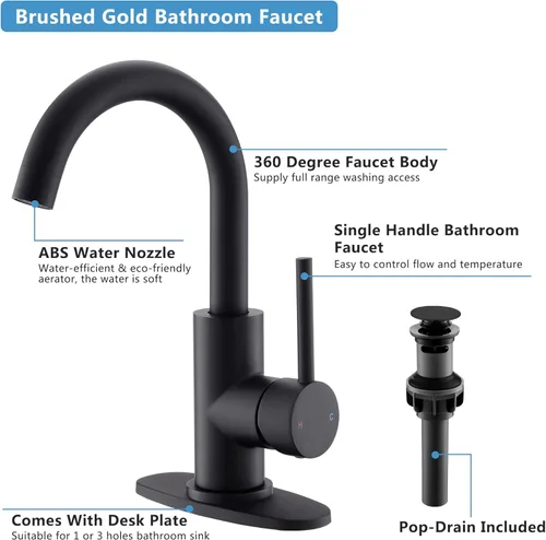 Miniatura 4 de Grifo de Baño Negro Grifos de Tocador Negro Mate con Desagüe Pop-Up, Grifos Modernos de Lavabo de Baño de Un Solo Orificio con Placa de Cubierta