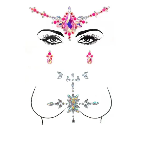 Miniatura 2 de Gemas de cara de sirena con diamantes de imitación, joyería para el cuerpo, tatuaje, calcomanías de cuerpo rosa, gemas de pecho para mujeres