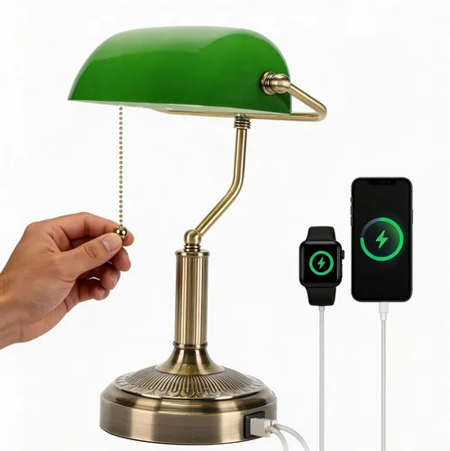 Lámpara de banqueros vintage, cristal verde con acabado de latón antiguo, puertos de carga USB y tipo C, lámpara de escritorio con cadena de