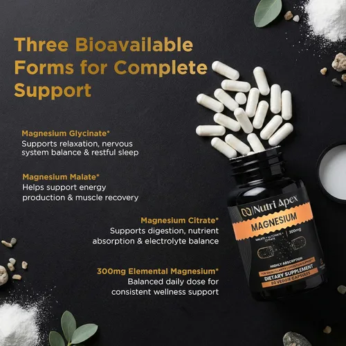 Miniatura 4 de Complejo de magnesio de 300 mg – Malato, glicinato y citrato – 60 cápsulas vegetales Relajación muscular, sueño, energía, estado de ánimo y apoyo
