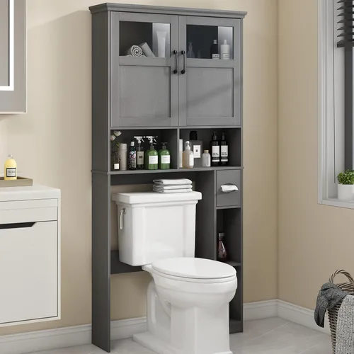 Miniatura 16 de Vabches Armario de almacenamiento sobre el inodoro con puertas dobles, soporte para papel higiénico y estante ajustable, ahorro de espacio Gris