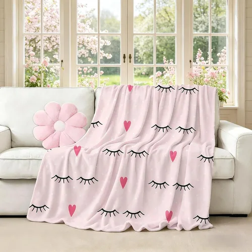 Miniatura 2 de Manta de pestañas coqueta rosa con corazones y lunares, bonita manta (50 x 60 pulgadas), decoración de habitación de franela suave, regalos