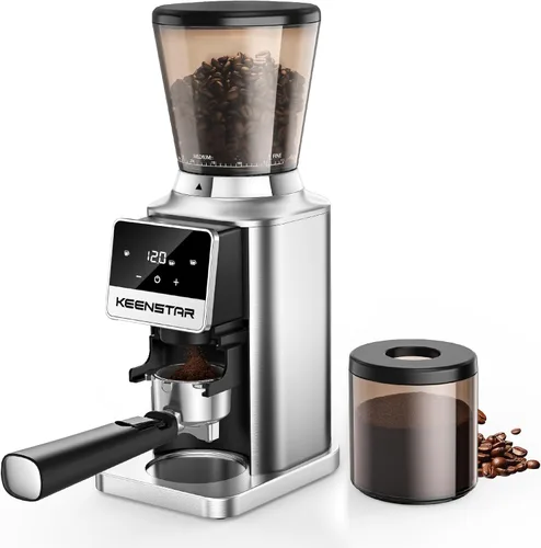 Keenstar Molinillo de café cónico, molinillo de granos de café con 34 ajustes de molienda para uso doméstico, temporizador de precisión, pantalla