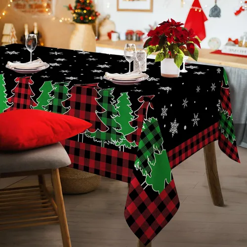 Miniatura 2 de pinata Mantel de Navidad de 60 x 84 pulgadas, mantel rectangular con árboles de Navidad, cuadros búfalo negro oblongo de invierno, Navidad y copos