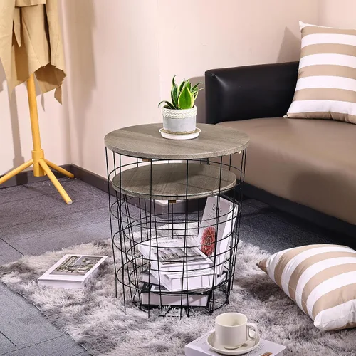 Miniatura 4 de Elevon Mesa auxiliar de mesa anidable, base de cesta de alambre con tapas de madera, juego de 2, gris