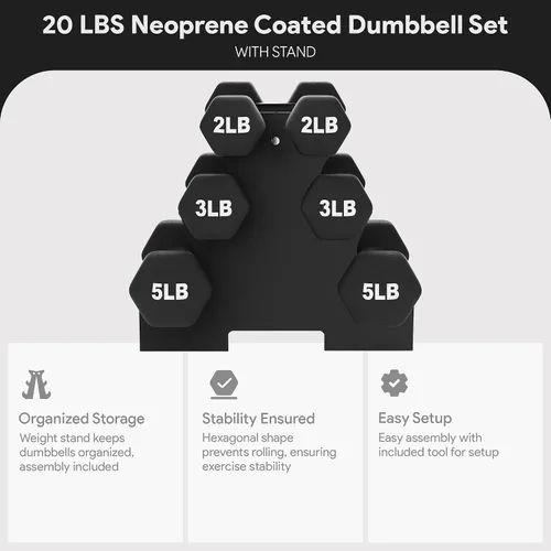 Miniatura 2 de BalanceFrom Neoprene Coated Iron Dumbbell Hex Weights Set with Stand – Color-Coded or Black Options with Non-Slip Grip for Strength Training