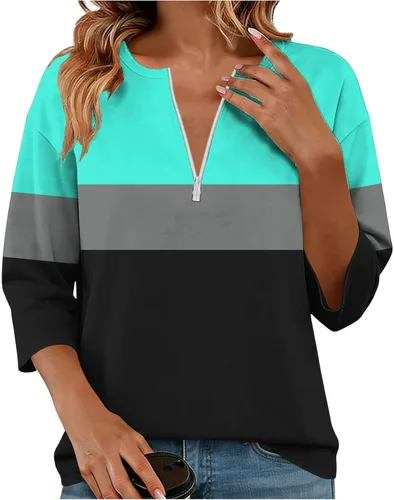 Miniatura 10 de Sudadera de manga larga con media cremallera para mujer, de gran tamaño, bloque de color, con cremallera de un cuarto, camisas de moda de primavera