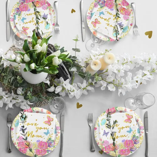 Miniatura 4 de Decoraciones de fiesta del Día de la Madre, Serve 25, Happy Mother Day Pack incluye: platos de papel para cena, platos de postre, servilletas