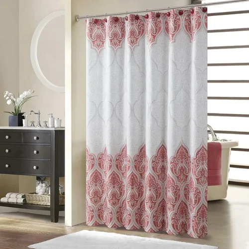 Miniatura 24 de Cortina de ducha larga de tela, cortinas de ducha de damasco bohemio con estampado de paisley en vino burdeos y oro amarillo, cortinas impermeables