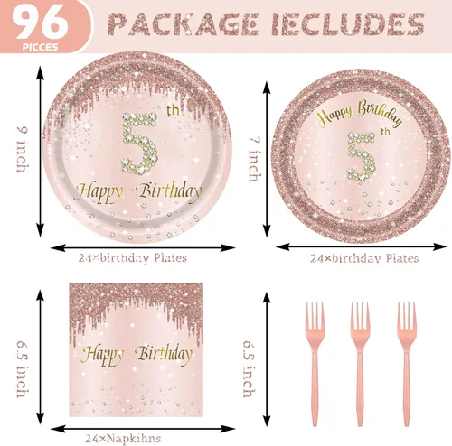 Miniatura 2 de 24 juegos de decoración de fiesta de oro rosa para niñas de 5 años, 5 platos de cumpleaños y tenedores con servilletas, suministros de fiesta