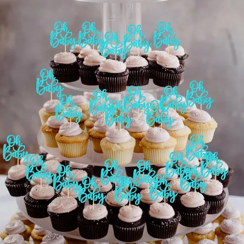 Miniatura 6 de 24 piezas Oh Baby Cupcake Toppers Glitter Baby Shower Cupcake Picks Reveal Género Decoración de Pasteles para Baby Shower Niños Niñas Fiesta de Azul