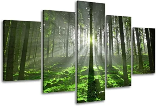 Miniatura 8 de SZ - Lienzo decorativo para pared en cascada para sala de estar, 5 piezas de impresiones de estanque relajante en bosque tropical