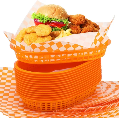 Uiifan 24 cestas de comida para servir con 100 forros de delicatessen, cestas de comida rápida de 10.5 x 7 pulgadas, bandejas de servicio de Naranja