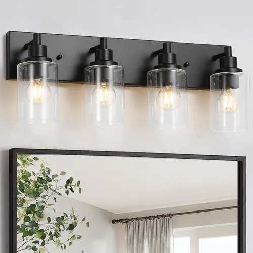 Miniatura 11 de LOUSACE Lámpara de tocador de baño de 3 luces, lámparas de baño negro mate sobre el espejo, iluminación moderna de baño con pantalla de vidrio
