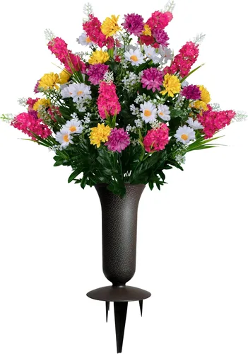 Miniatura 28 de Sympathy Silks Flores artificiales para cementerios – Decoraciones para tumbas - 1 ramo de flores silvestres de violeta púrpura y naranja, 1 montura
