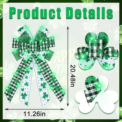 Miniatura 2 de ALIBBON Arcos LED grandes para coronas, lazos de corona de San Patricio, lazos de trébol verde con purpurina para manualidades, decoración irlandesa