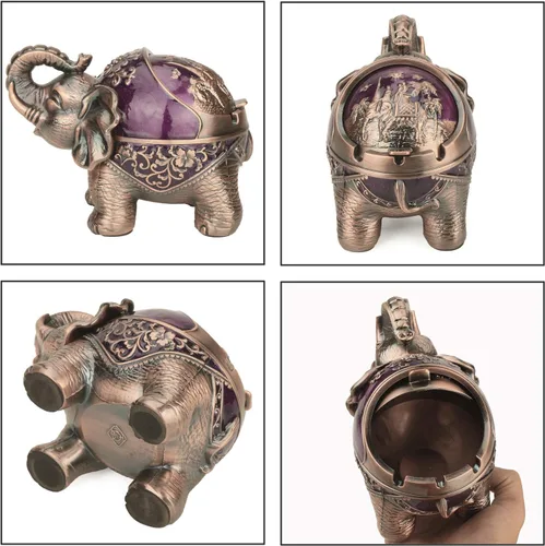 Miniatura 4 de LAUYOO Cenicero decorativo de elefante con tapa para cigarrillos, cenicero de metal para fumar, portacentizas para fumadores, resistente al viento