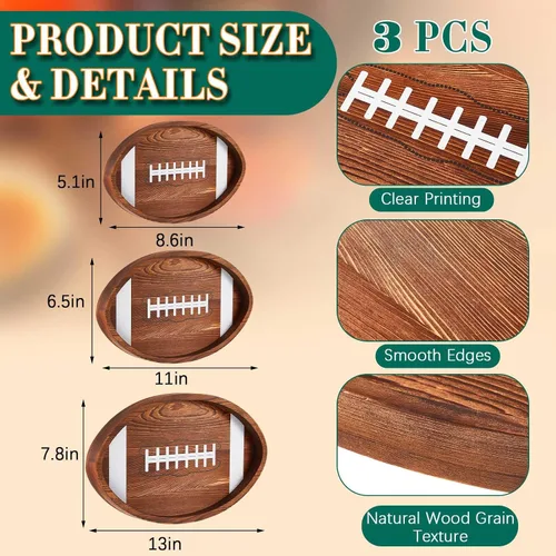 Miniatura 2 de Geetery 3 Piezas Bandejas y Fuentes de Servir de Fútbol Americano de Madera con Forma de Balón Platos de Fútbol Americano/Soccer Vajilla para Servir