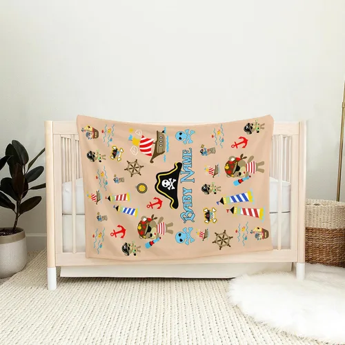 Miniatura 8 de Manta de bebé pirata personalizada, manta con nombre náutico personalizado, decoración de guardería temática de mar de aventura, suave mapa