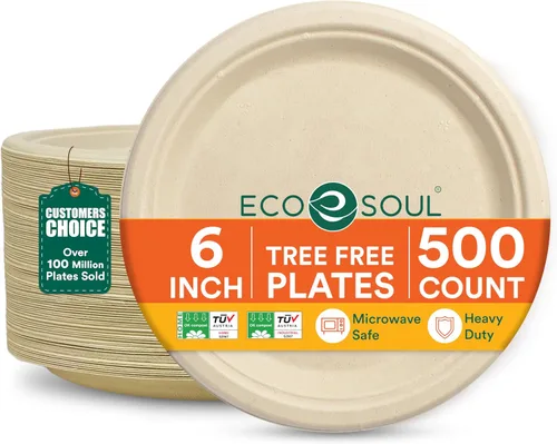 Miniatura 31 de ECO SOUL Compostable Paper Plates 9 Inch, 500 Pack – Heavy Duty Disposable Dinner Paper Plates, White Bagasse, Leak-Resistant, Microwave Safe