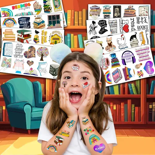 Miniatura 3 de (96 PCS) Libro de lectura Tatuajes temporales para niños, lindo nerd Bookish Calcomanías de recompensas escolares, suministros para fiestas