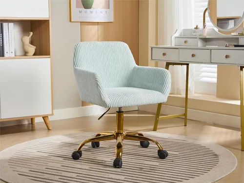 Miniatura 19 de KCC Silla de Tocador de Maquillaje de Tela de Pana, Sillón Giratorio Esponjoso Moderno con Ruedas, Tapizada Mullida de Altura Ajustable para Niñas